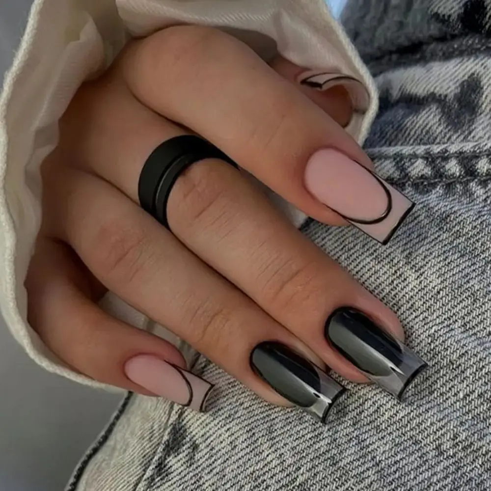 

24 шт. длинные французские накладные ногти балерины Сияющие камелии с зелеными краями полностью закрывающие накладные ногти самодельные съемные искусственные ногти