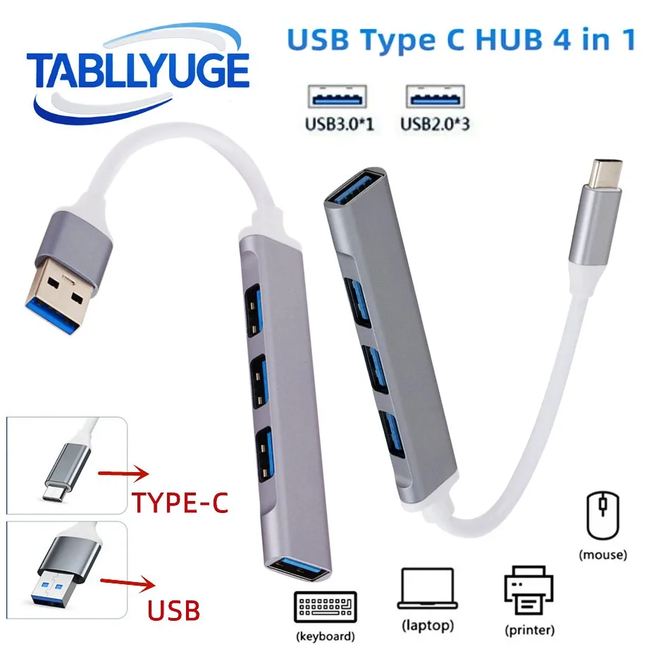 Universal 4-Port USB & Type-C Hub Adapter for Multi-Device Connectivity