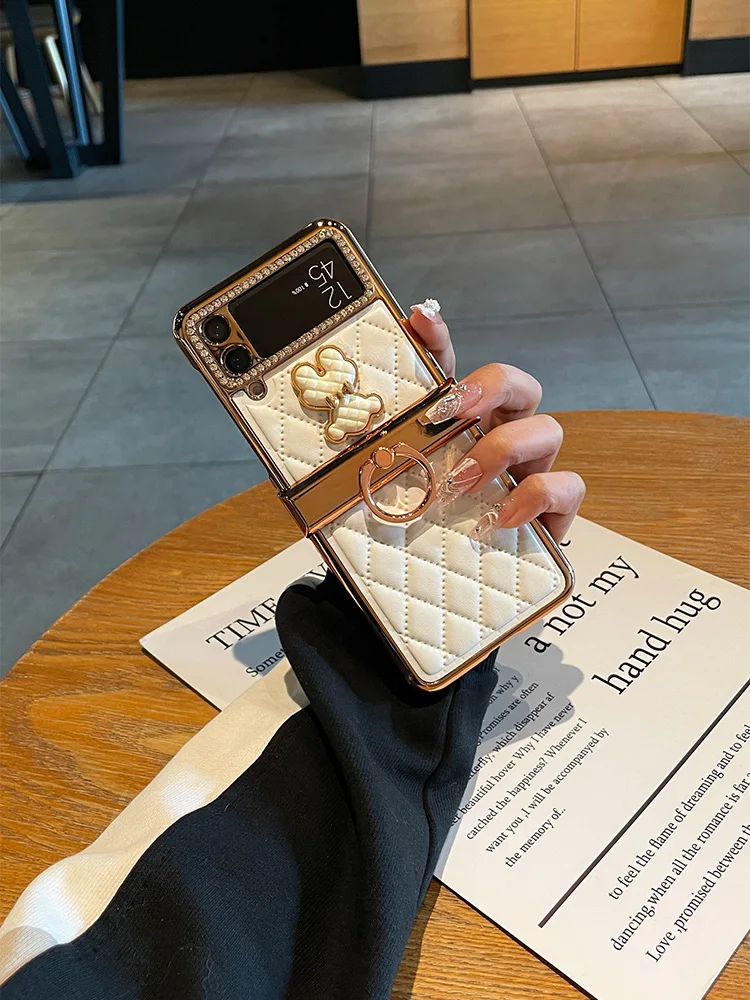For Samsung Galaxy Z Flip 4 Case Ring Rhinestone Rhombus Leather Phone Case Z Flip4 Hinge Protective Cover phone case