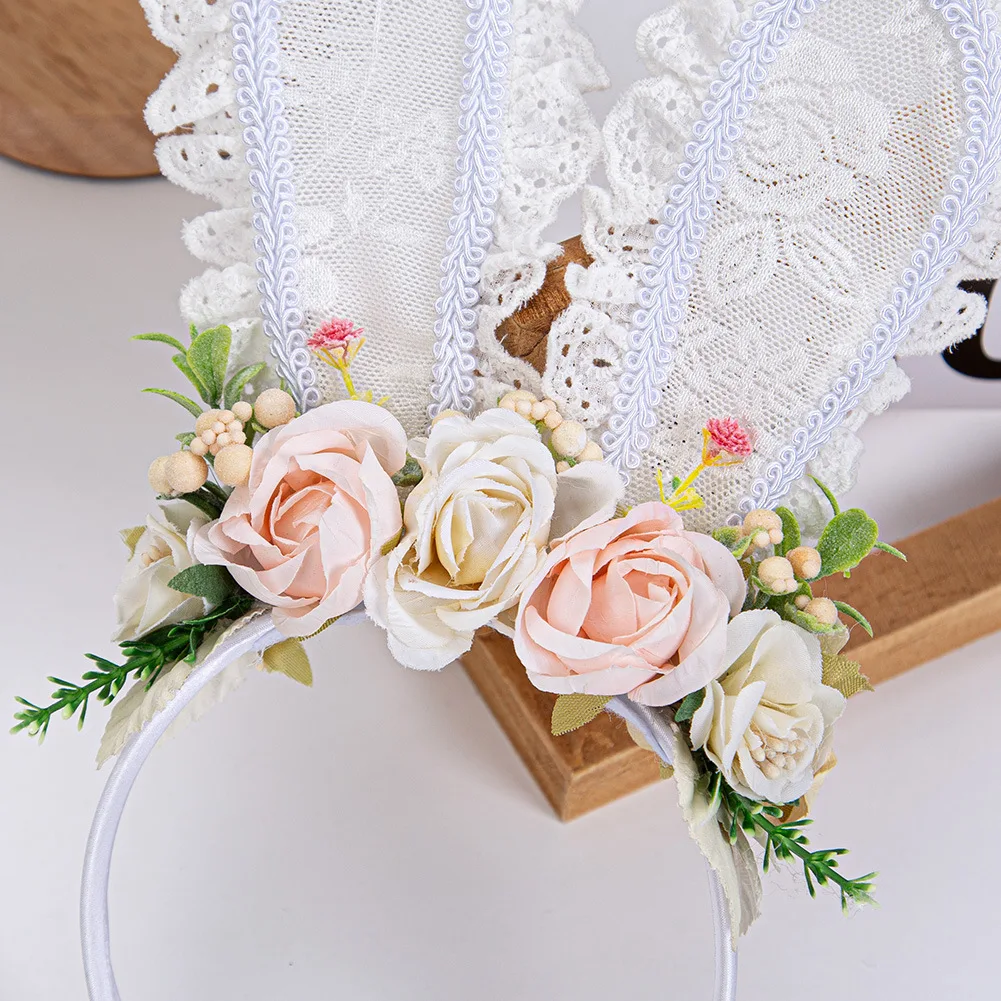 Easter Rabbit Ear Headbands for Girls Floral Pearl Lace Hair Hoop Soft DIY Princess Party Hairband Women Dance Hair Accessories