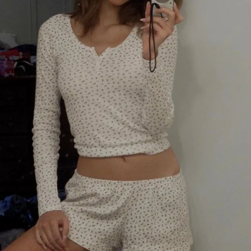 Nicoxijia Women's Y2k Bow/Rabbit Print Pajama Set - Button-Down Top & Shorts, Soft Lounge Sleepwear - View #10