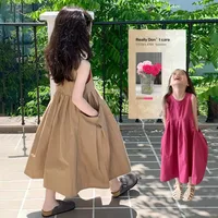 Nouvelle Robe d'Été 2026 pour Filles, Sans Manches, Couleur Unie, en Coton, Coupe Ample, Décontractée, Style Vacances, Robe de Princesse pour Enfants 1