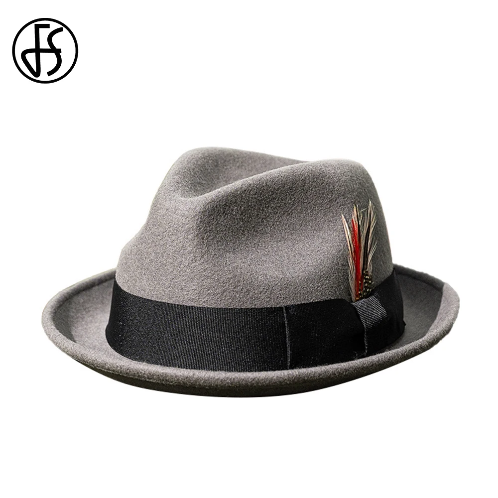 

FS 2024 Gray Wool Felt Fedoras Black Cowboy Hats For Men Feather Decorative Rolled Brim Jazz Panama Hat Gentleman Gangster Cap