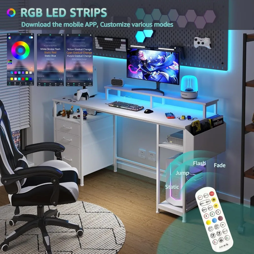 White Computer Desk with File Drawers Cabinet, Home Office Desk with Monitor Stand Shelves, Writing Study Gaming 4