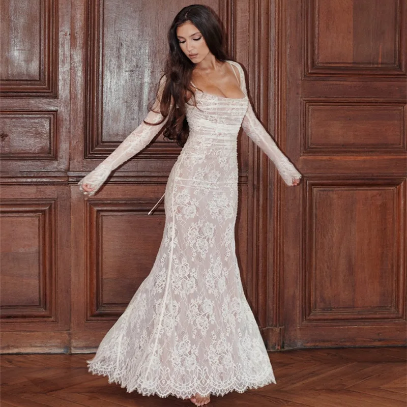 

Elegant Lace Embroidery Sling Maxi Dress Women Fashion Sleeveless Back Bandage Bodycon Dresses 2023 Female Solid Party Club Robe