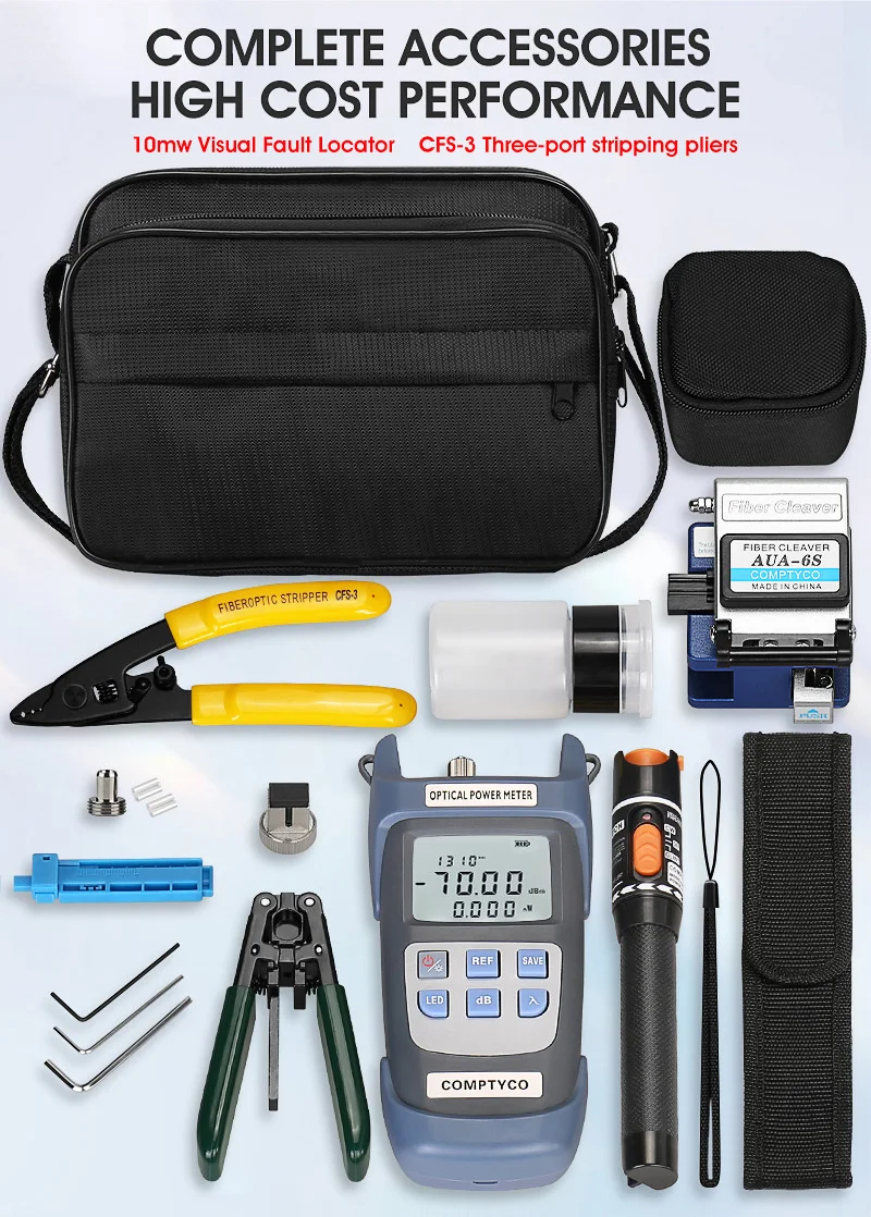 

19pcs FTTH Fiber Optic Tool Kit with Cleaver -70~+10dBm Optical Power Meter Visual Fault Locator 10mw VFL AUA-6S