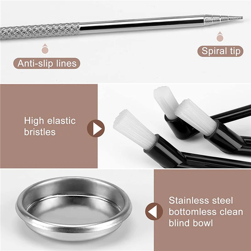 A01V-10Pcs Coffee Machine Brush With Spoon Coffee Grinder Brush Coffee Machine Group Head Cleaning Metal Blind Bowl
