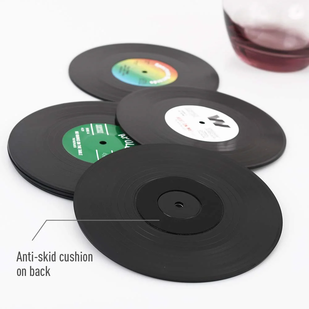 Set mit 6 bunten Retro-Schallplatten-Untersetzern für Getränke, Vinyl-Schallplatten-Untersetzer-Set, Couchtisch-Dekoration – Detail 4