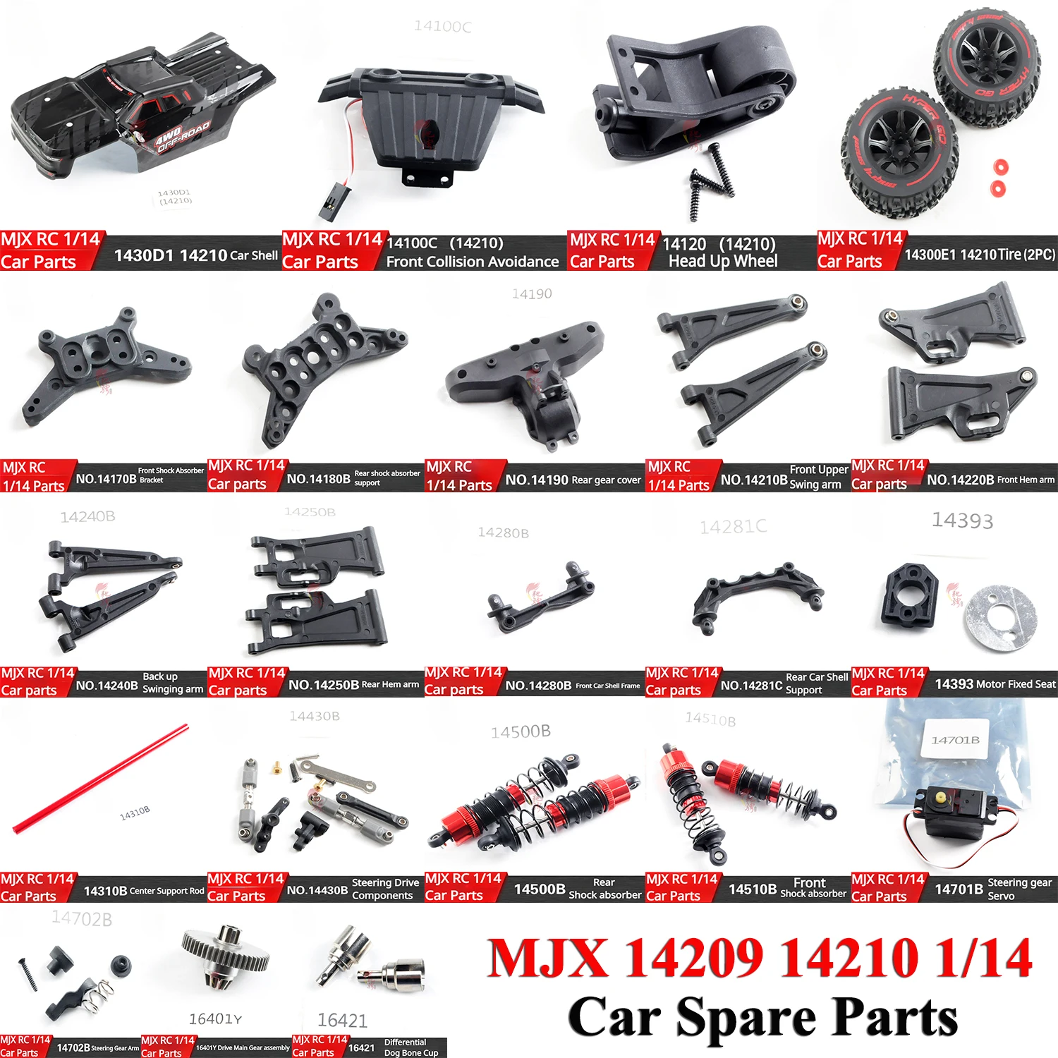 

MJX 14209 14210 1/14 RC Car Spare Parts Car Shell Servo Swinging Arm Driving Shaft Shock Absorber Support Steering Drive Tires