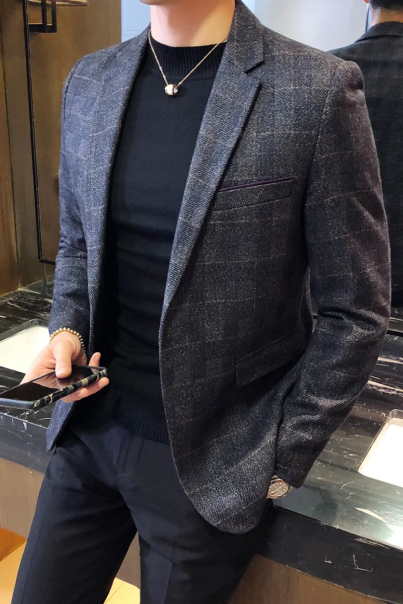 Plus Size 5XL-M British Style Vintage Plaid Slim Fit Suit Jacket Men Casual Single Button Business Social Blazer Brand Clothing