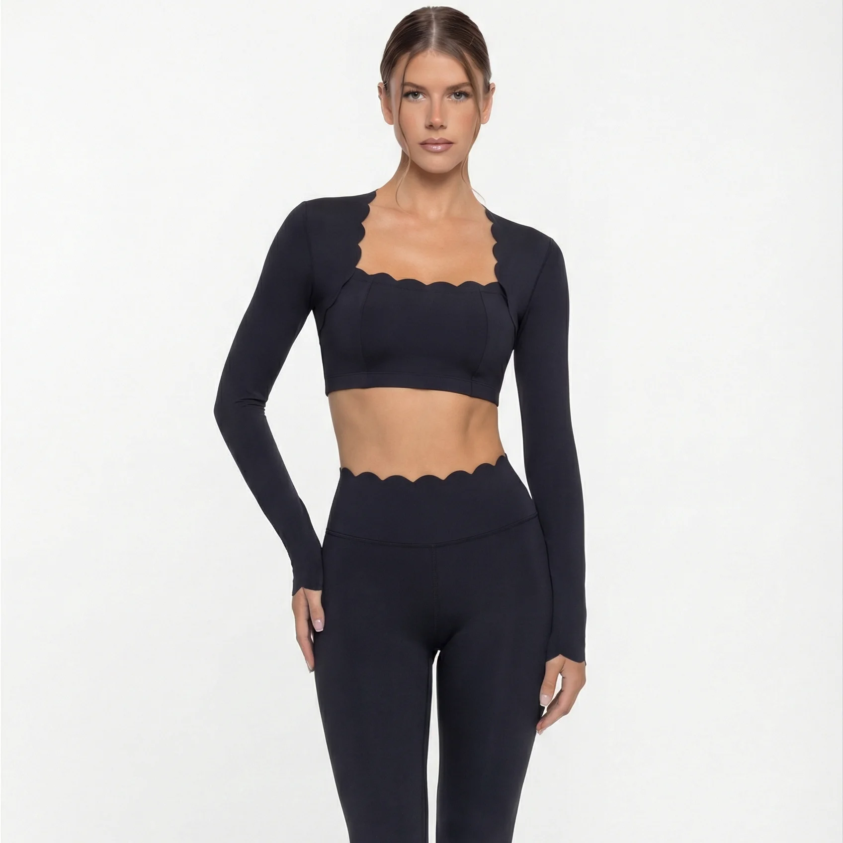 Black Square Neck Tight High Elastic Skinny Yoga Sports Long Sleeves Fashion Compression Pants Fitness Leggings Workout Tights 1