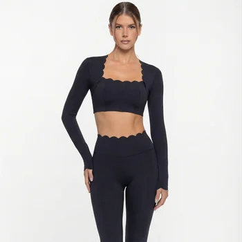 Black Square Neck Tight High Elastic Skinny Yoga Sports Long Sleeves Fashion Compression Pants Fitness Leggings Workout Tights 1