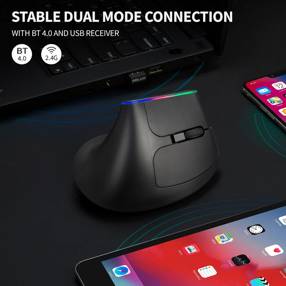 Delux-mouse Ergonômico Vertical sem Fio Recarregável Rgb Bluetooth 2.4g 4000dpi Jogos Ratos para Laptop pc - Imagem 6