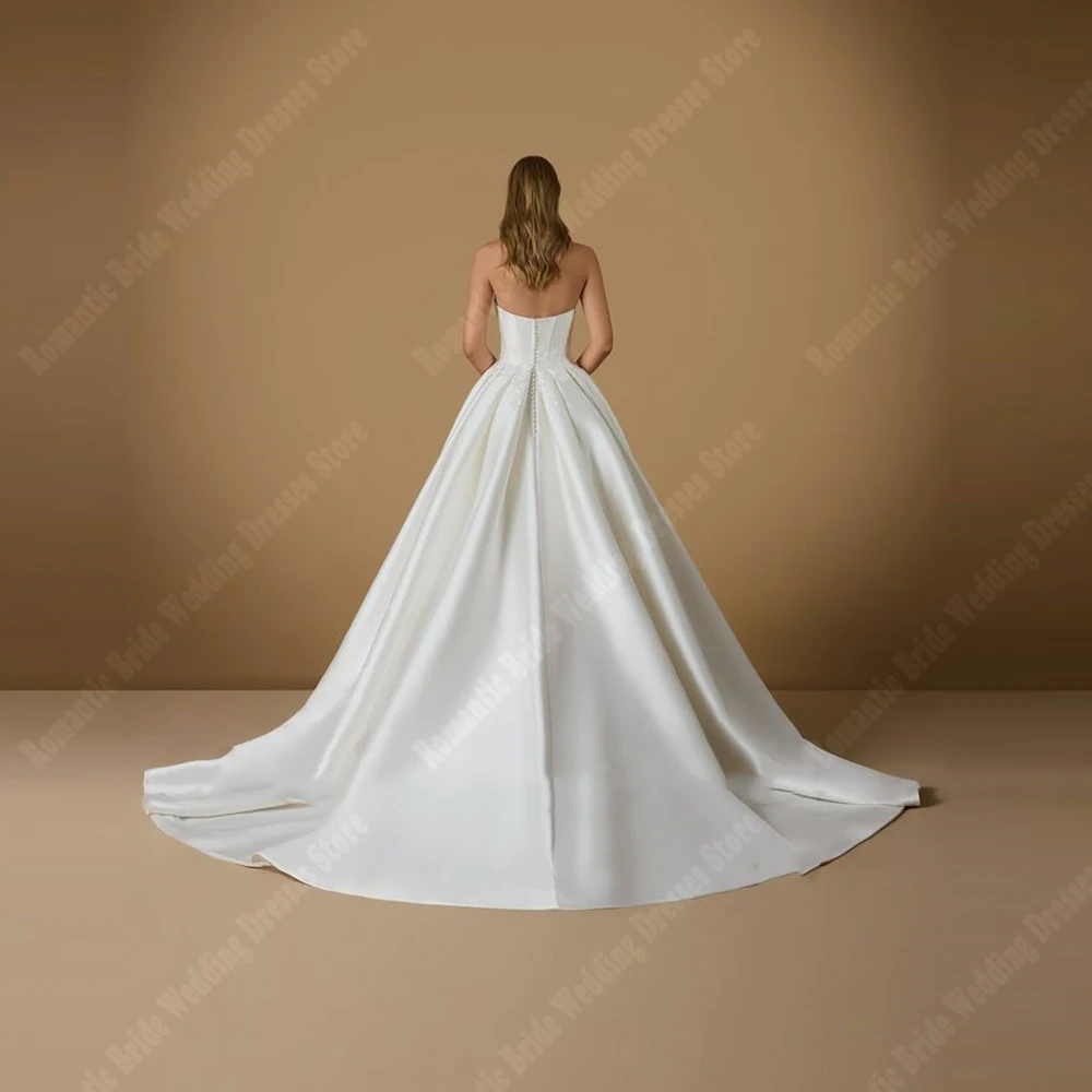 A-Line Women Wedding Dresses Bright Satin Bridal Gowns Mopping Length Sleeveless Princess Customized