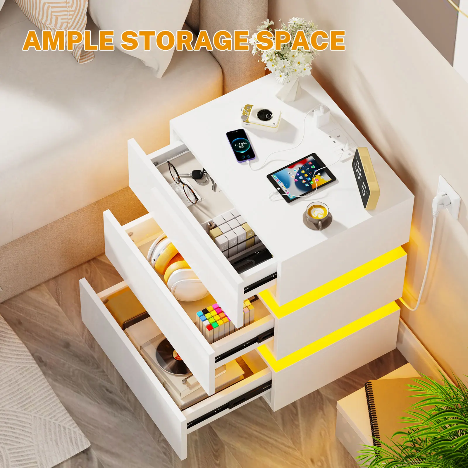Wooden 3 Drawer Nightstand Lighting Power Outlet Storage Beside Table Suitable Bedrooms Living Rooms Home Furniture UK Plug