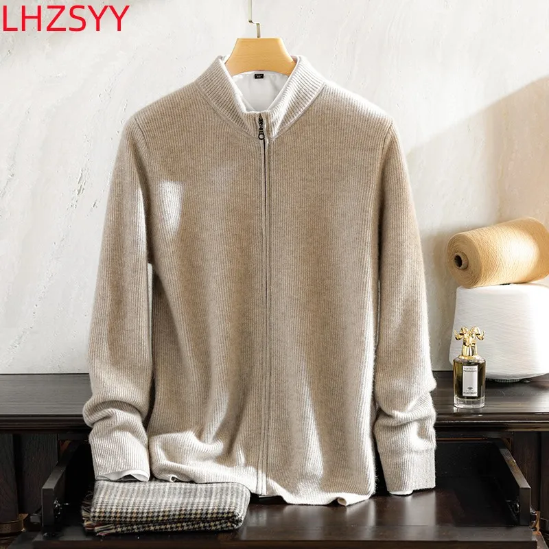 LHZSYY 남성용 100% 순수 캐시미어 니트 가디건, 청년 및 중년 하이엔드 상의, 스탠드 칼라, 느슨한 지퍼 재킷, 따뜻한 스웨터 코트