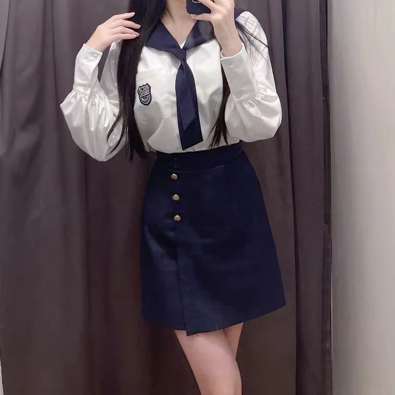 

Korean JK School Uniform Women Japanese College Style Hip Skirt Sailor Suit Halloween Costume Japan White Shirt Blue Skirt Girls
