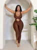 Women's Plus Size Chocolate Brown Crisscross Cutout Halter Neck Sleeveless Skinny Jumpsuit Party Clubwear