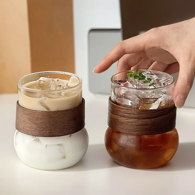 Insulated Earring Coffee Glass Transparent Drinking Latte Water Wine Glasses Tea Mugs Household Wood Chip Insulated Milk Mugs 3