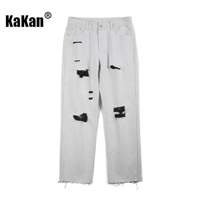 Kakan - European and American Spring and Summer New High Street Distressed Jeans Men's Wear, Straight Loose Casual Jeans24-M5808