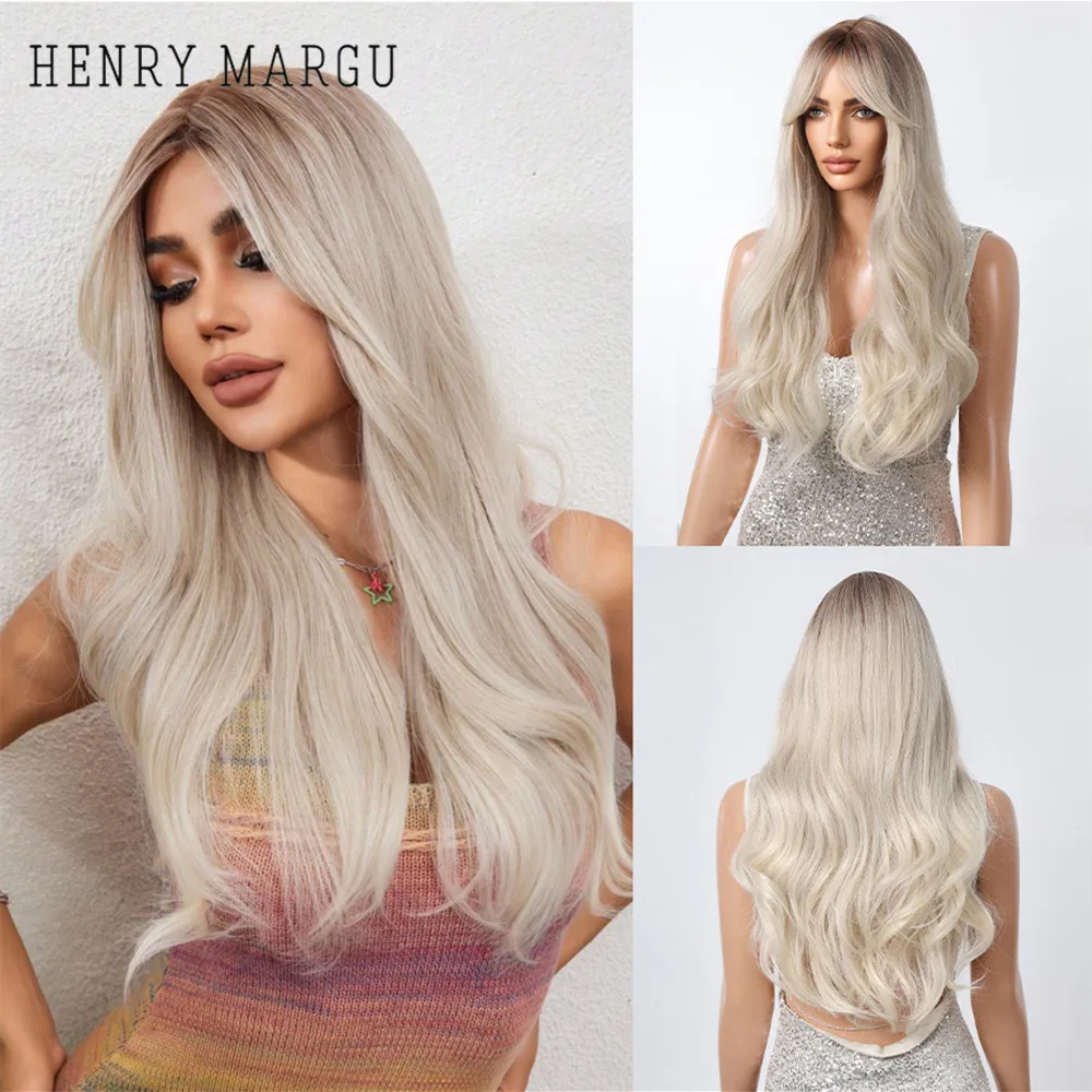 HENRY MARGU Long Wavy Blonde Synthetic Wigs with Bangs Natural Ombre Blonde Dark Roots Wig Heat Resistant Daily Hair for Women