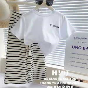 Summer Girls T-Shirt Clothing Sets Kids Short Sleeve Tops+Stripes Pants 2Pcs Suits Fashion Casual Outfits Children Clothes 1-8 Y