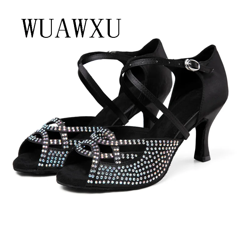 NATASHA Black Satin Inlaid Diamond Latin Dance Shoes Women's 2023 New Soft Sole Dance Sandals Summer Dance Medium High Heels