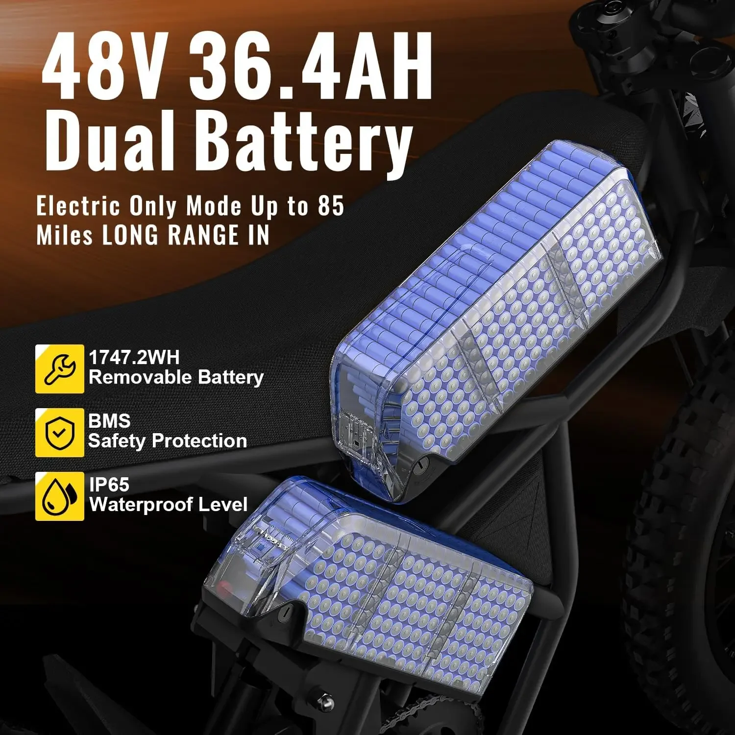 Ebike GT73 2000W Electric Dirtbike 25&rdquo; Tires 1747Wh Dual Battery EBike Max 37 MPH Dual Hydraulic Brakes Suspension