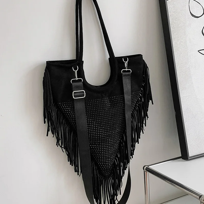 Leather Fringe Purse in Black - Women's Hobo Fringe Purses