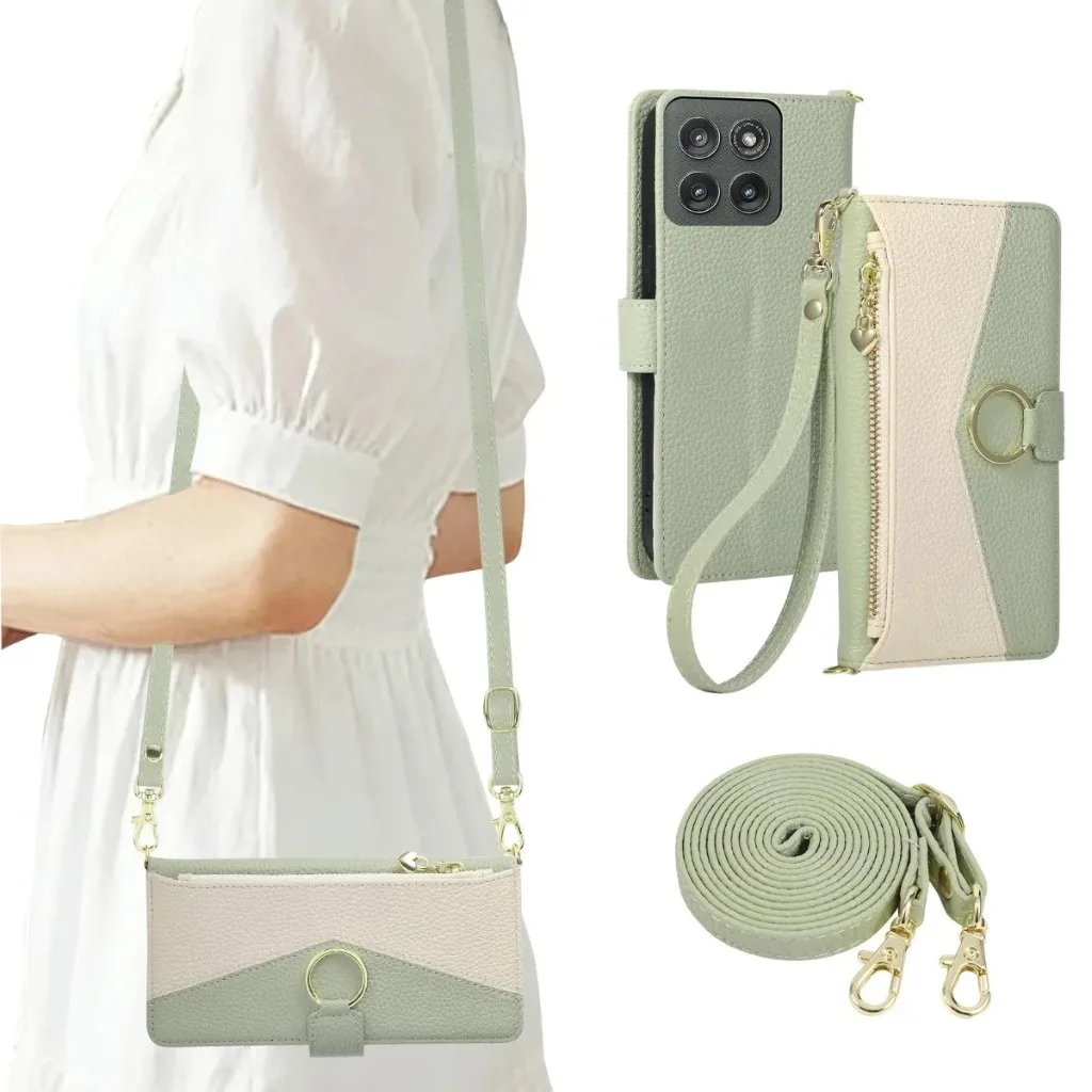 Zipper Card Holder Wallet Crossbody Lanyard Flip Phone Case with Ring Buckle - PU Leather Cover