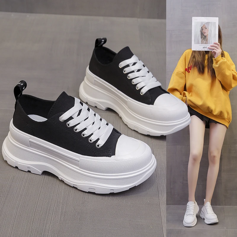 Canvas Shoes Woman Lace-Up Short Platform Boots Ankle Sneakers Girls Street Height Increase Shoes Canvas Breathable Chunky Outdo