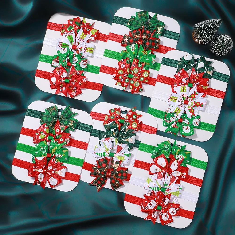 

4pcs/lot Christmas Print Bows Headband for Kids Girls New Year Party Decor Hairband Turban Headwear Baby Hair Accessories Gift