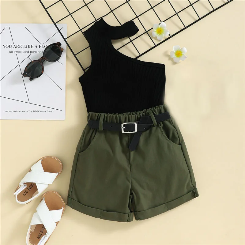 

Little Girl Sweet Outfits Ribbed Clothes Suit Sleeveless Halter Knit Tops+Belted Short Pants Pack Children Fashion Clothing Sets