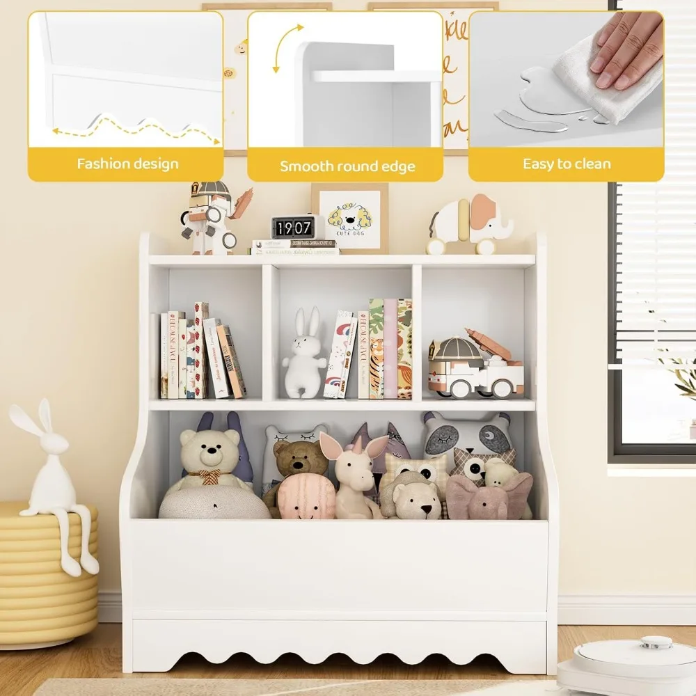 Kids Bookshelf, Toddler Toy Storage Organizer, Wooden 4 Cubby Children Book Shelf for Playroom, Bedroom, Nursery, Classroom 4