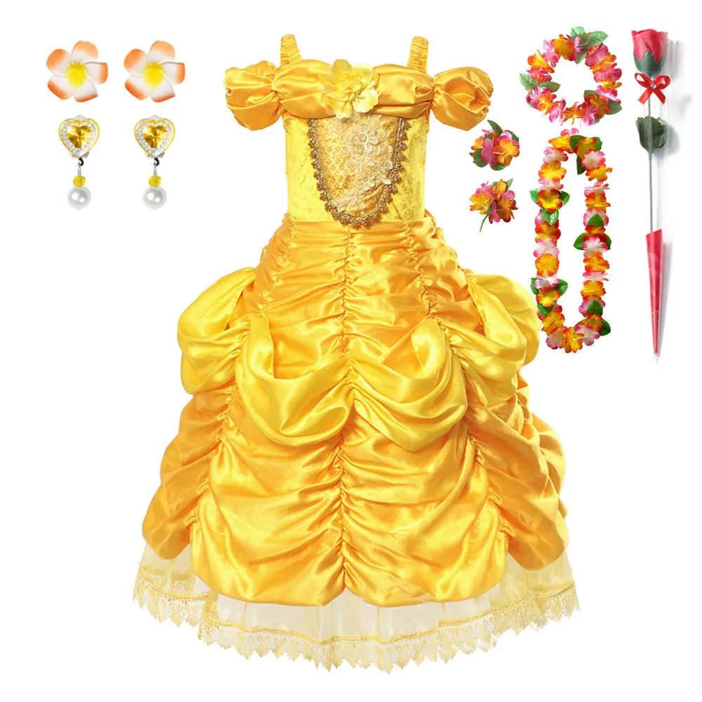 thumbnail image 1 of Disney-vestido de princesa Bella para niña, vestido de baile Floral, disfraz de Bella y La Bestia, fiesta de Halloween, 1 of 5