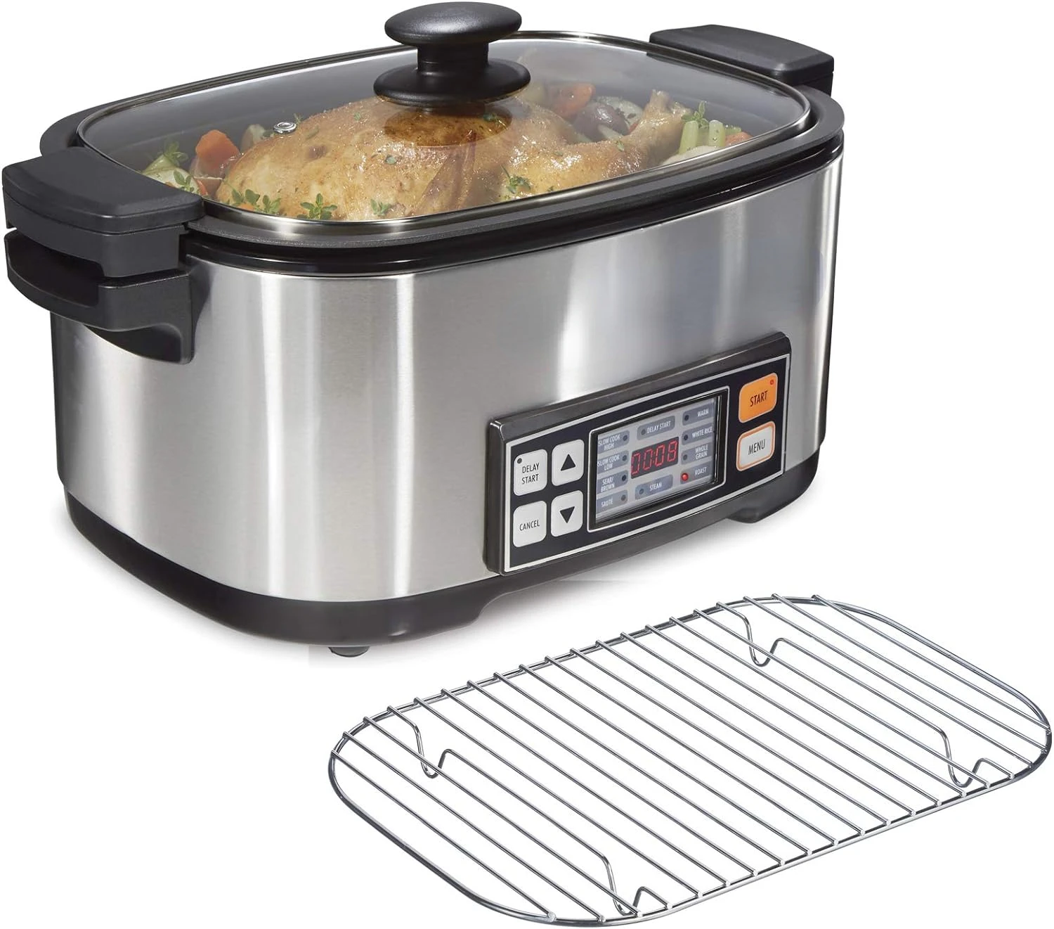 

Digital Programmable Slow Cooker with 6 quart Nonstick Crock, Sear, Saute, Steam, Rice Functions, Stainless Steel (33065) מער