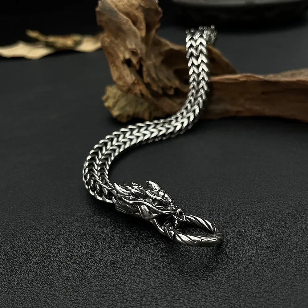 CHUANGCHENG Dragon Bracelet Viking Silver Stainless Steel Woven Mesh Chain Cuff Bracelet for Men's Fashion Punk Jewelry