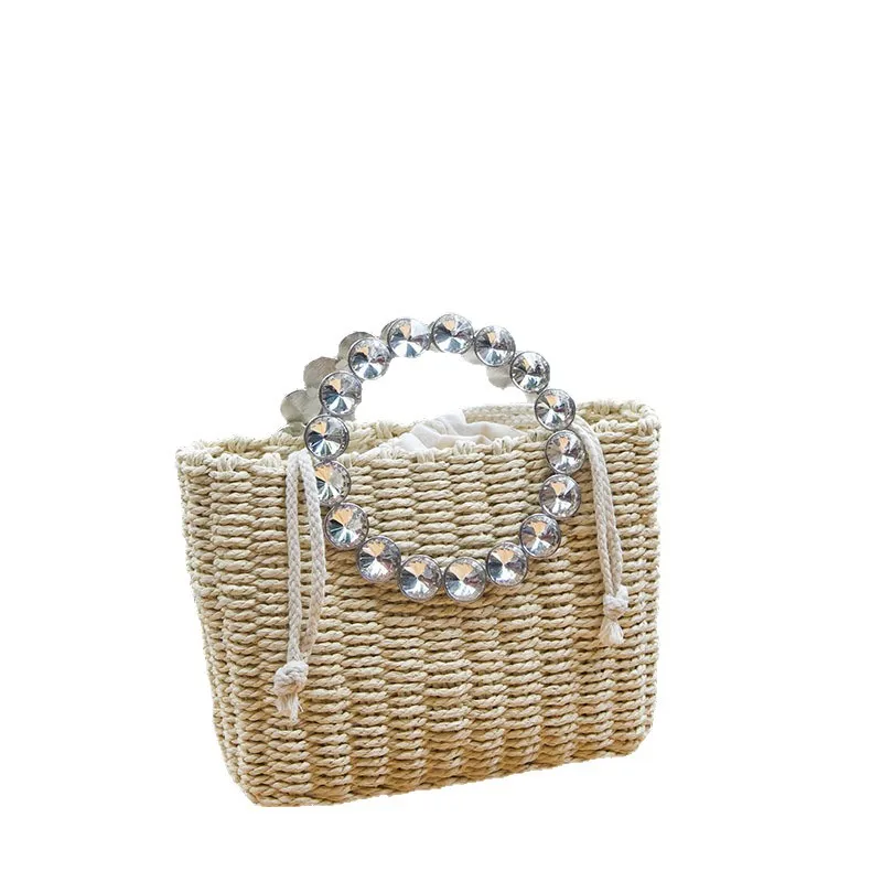 Summer diamond Straw Bucket Bag For Women Handmade Woven Handbag Fashion Style Beach Bag Basket Woven Crossbody Bag Purse Totes