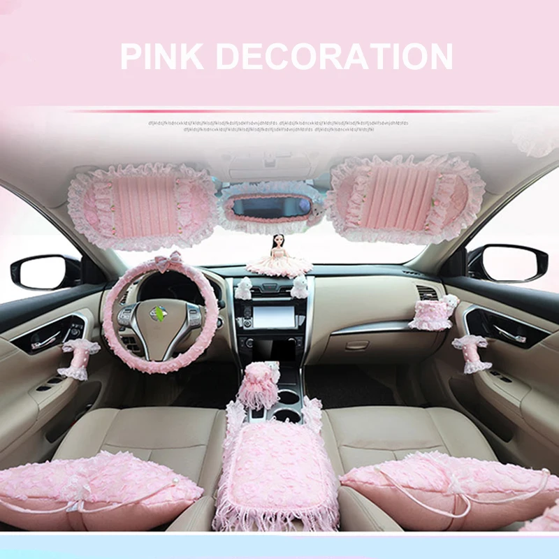 Pink Women Car Interior Decoration Accessorie Set Lace Seatbelt Shifter  Hand Brake Mirror Covers Girly Auto Steering Wheel Cover