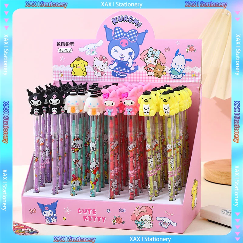 

48pcs Style Sanrio Kuromi No Sharpening Pencil Cute Styling Egg Pen Replaceable Lead Core Pupil Work Black 0.5mm Student Prizes