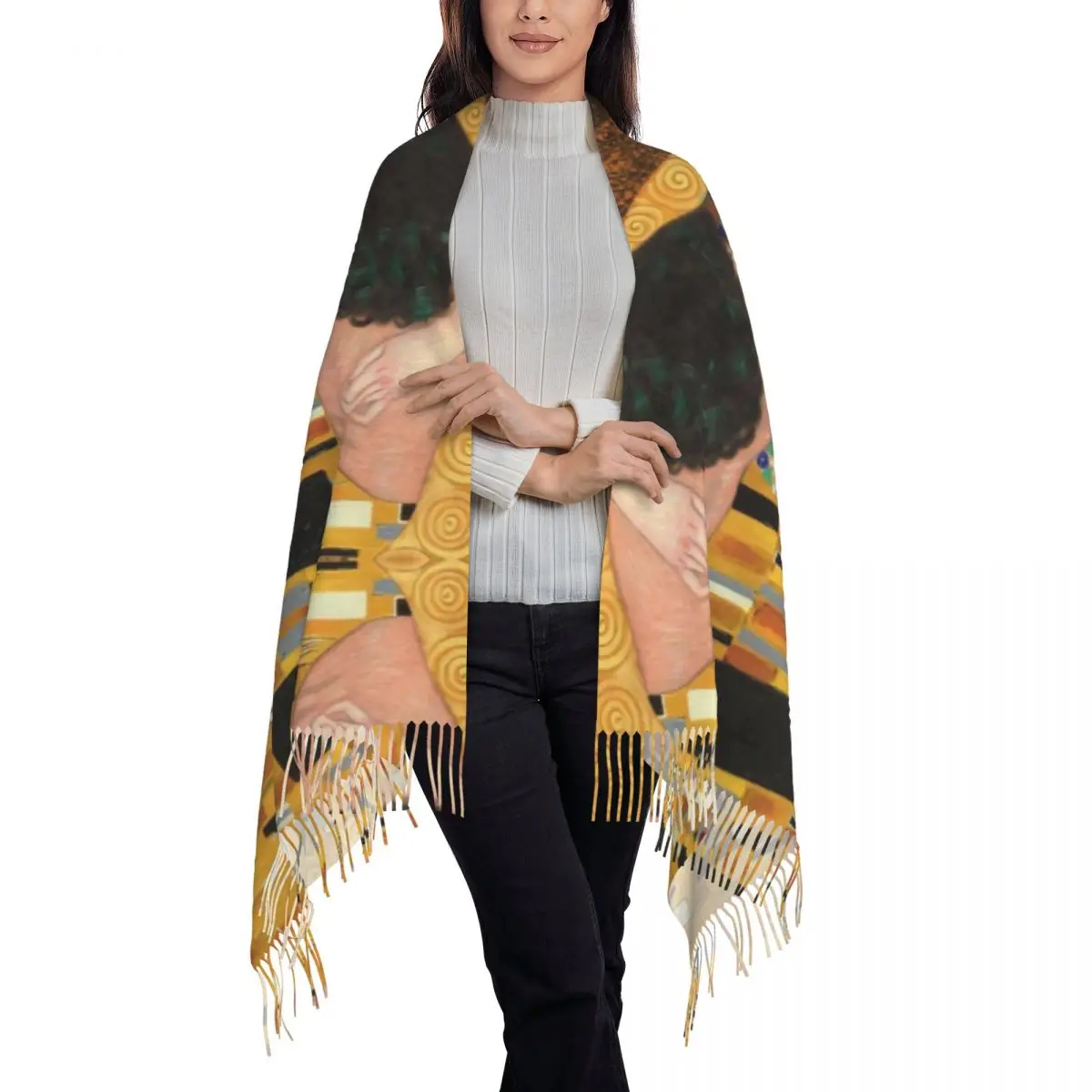 The Kiss By Gustav Klimt Scarf Women Luxury Winter Wrap Shawl Painting Art Tassel Wraps 3