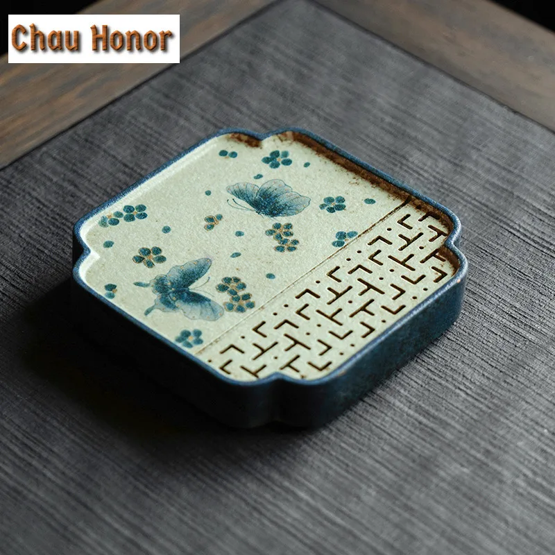 Blue And White Flint Red Square Tea Tray Handmade Gold Drawing Butterfly Water Storage Dry Bubble Tray Teapot Base Tea Ceremony
