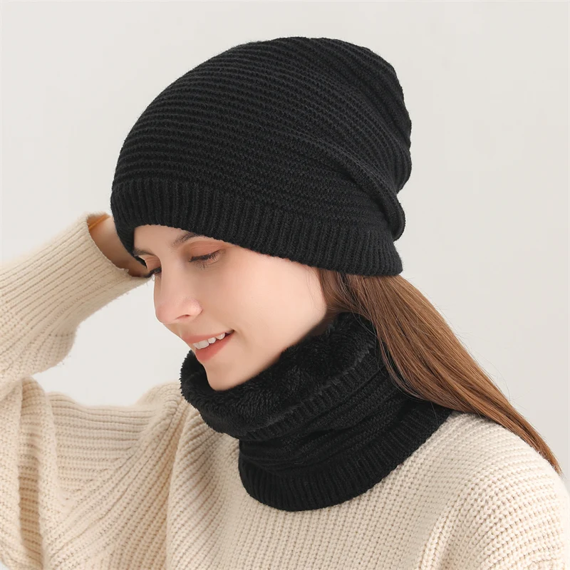 

Casual Winter Ring Scarf and Hat Set for Women Man Knitted Warm Plush Ski Full Mask Beanis Woolen Yarn Solid Collor Muffler Cap