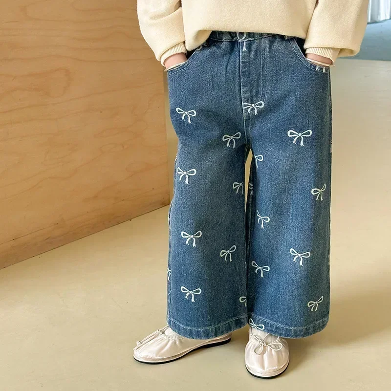 4626 Children Pant Spring and Autumn Korean Printed Bows Baby Girl's Jeans Straight Denim Pant 3