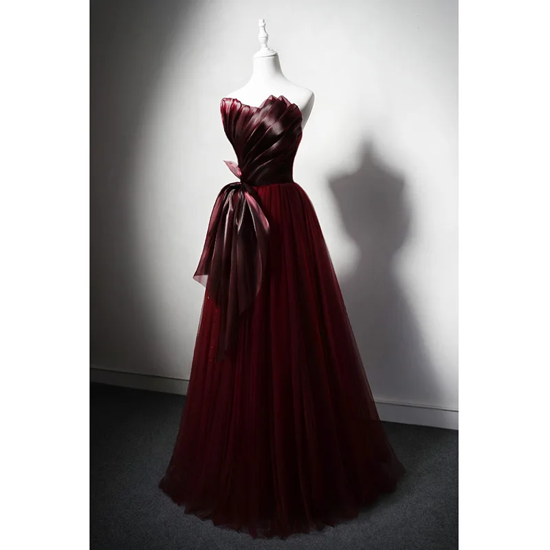 

Vintage Burgundy Evening Dress Pleat Bow Ribbon Strapless Slim A-Line Tulle Tiered Formal Floor Length Wedding Party Prom Gowns