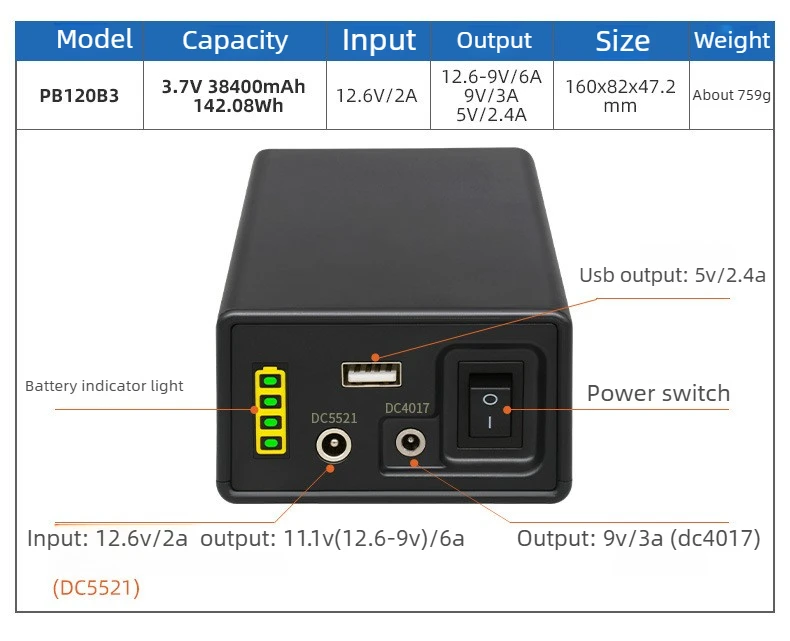 12V 9V 5V Portable Power Bank 18650 Battery Pack Compact Size Large Capacity, Re