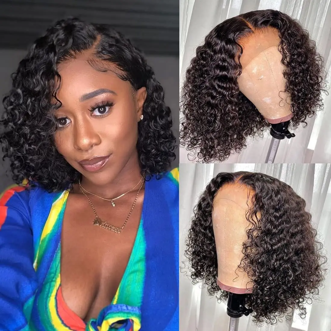 

Kinky Curly Short Bob Lace Front Wigs Glueless Preplucked Curly 4X4 Lace Closure Human Hair Wigs For Women High Quality