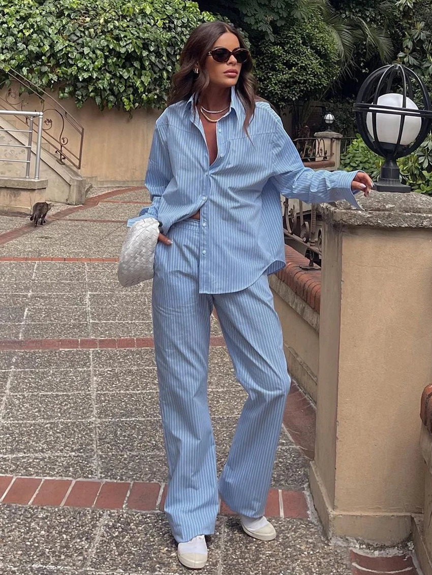 Marthaqiqi Fashion Striped Female Nightwear Set Long Sleeve Nightgown Turn-Down Collar Sleepwear Pants Women Pajama 2 Piece Suit