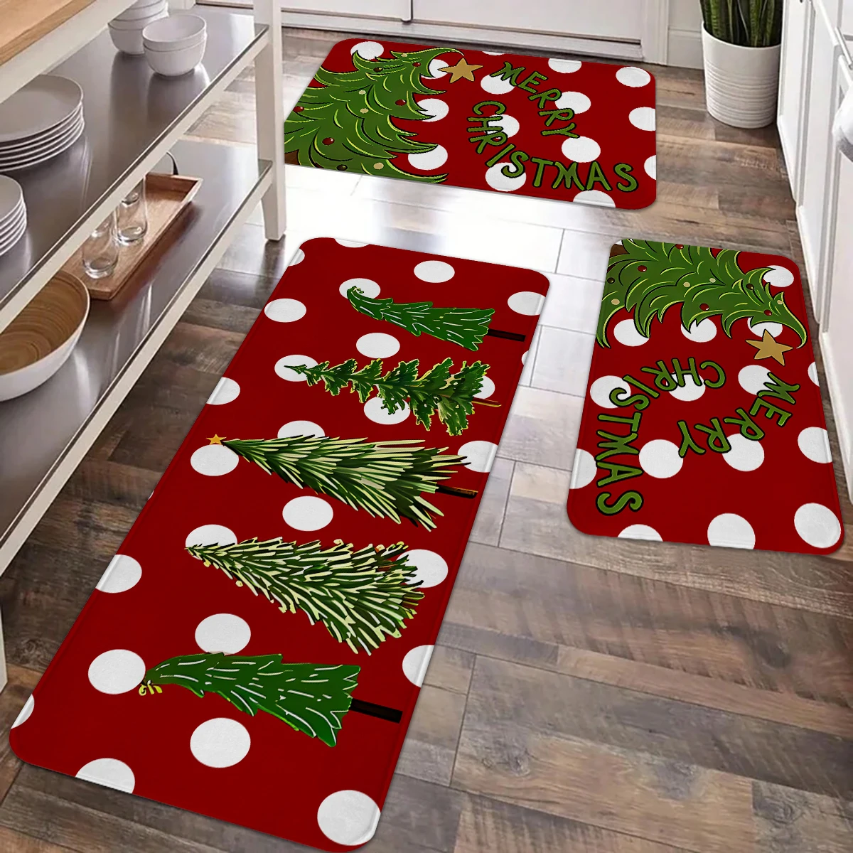 1pc Merry Christmas Kitchen Decoration Carpet Floor Mat Multi Form Christmas Tree Forest Design Anti Slip Soft Flannel Floor Mat_voghion.com