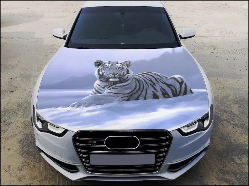 

White Tiger Car Hood Wrap Full Color Vinyl Decal Predator Sticker